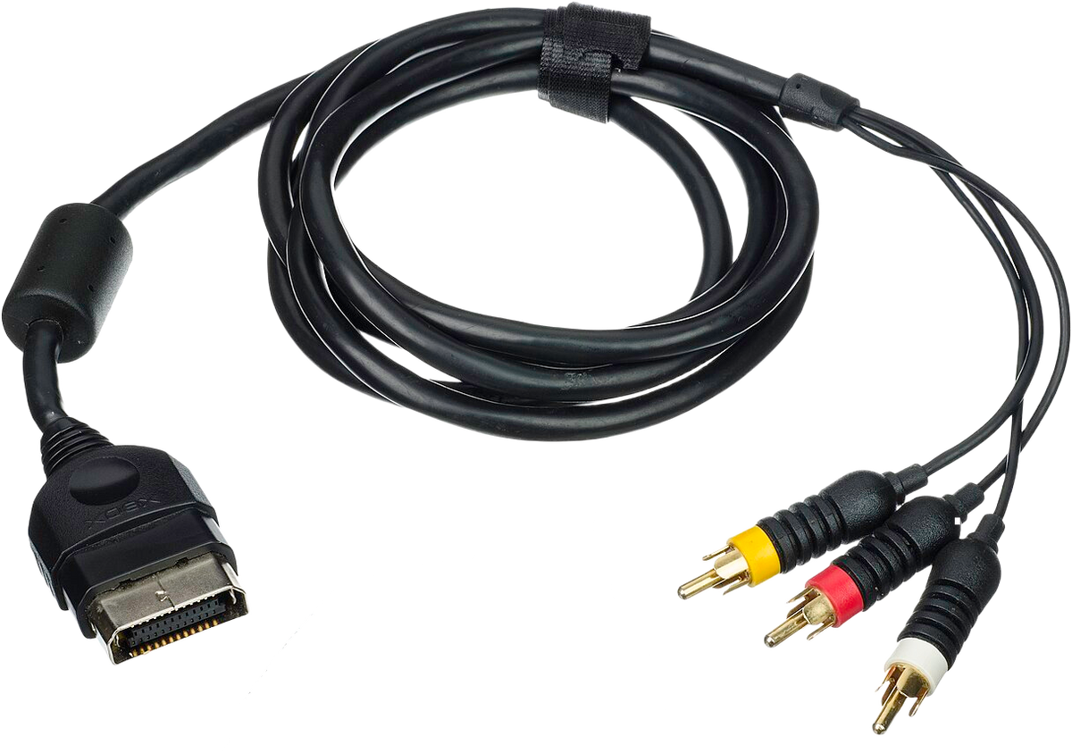 A black multi-connector video cable with a DVI plug on one end and three RCA connectors (yellow, red, white) on the other, coiled on a white background.